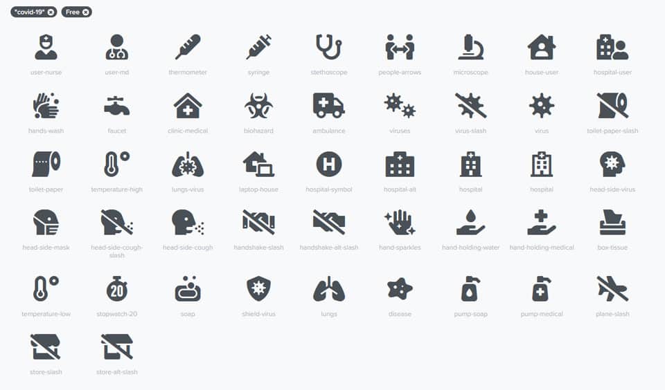 CoVid-19 ikoner fra Font Awesome